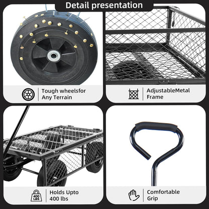 Heavy Duty 480 Lbs Capacity Mesh Steel Garden Cart Folding Utility Wagon with Removable Sides (Black)