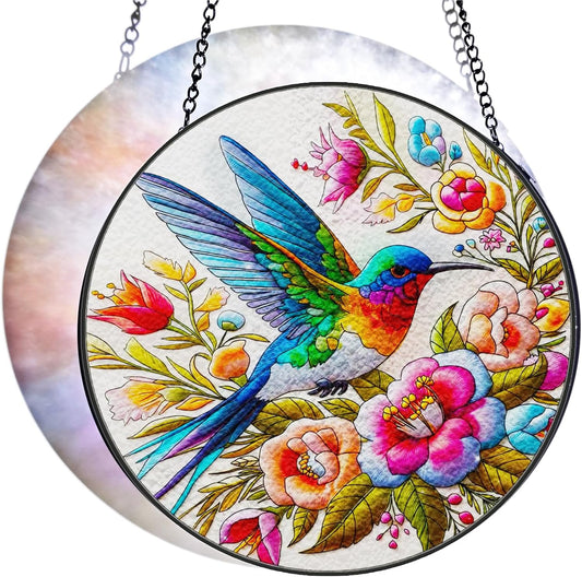 Hummingbird Suncatcher Stained Glass Window Hanging Original Design of 7.8''Hummingbirds Flowers