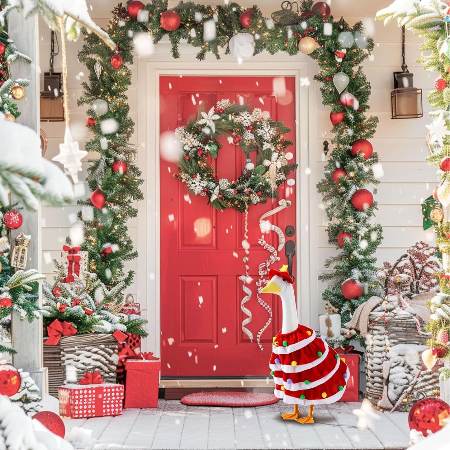 RAWILL 1PC Christmas Porch Goose Outfits,Old Lady Goose Santa Clothes for 23'' High Cement or Plastic Porch Costume for Yard Lawn Outdoor Garden Patio Xmas Holiday Decor（RED）