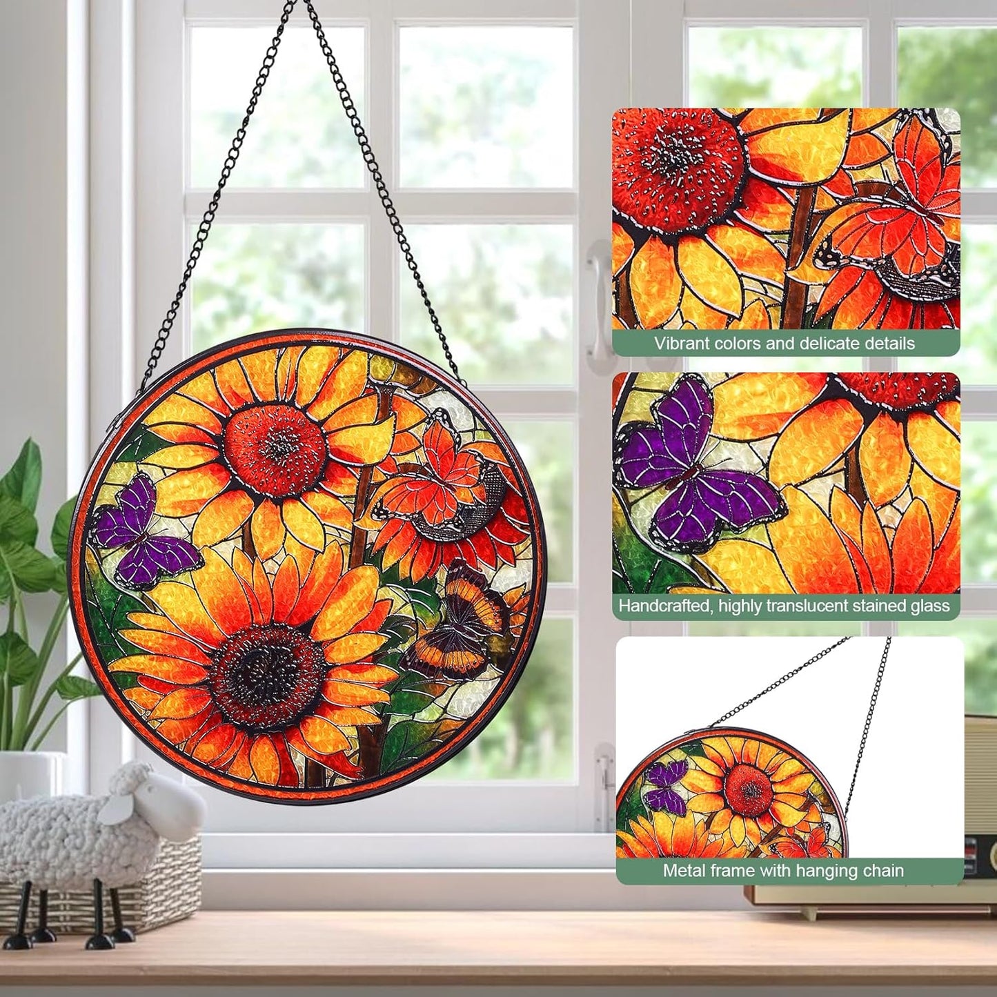 Sunflowers Handmade Stained Glass Window Hanging Suncatcher with Chain - 7.9" Outdoor/Indoor Art Decor for Home Garden, Wedding, Mother's, Valentine's & Christmas Ornaments Present