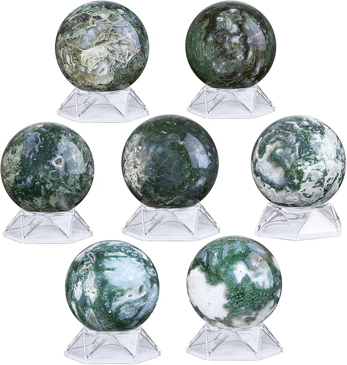 Natural Moss Agate Crystal Ball with Acrylic Display Base, 71-80mm Polished Stone Feng Shui Crystal Sphere Meditation Decoration for Home & Office