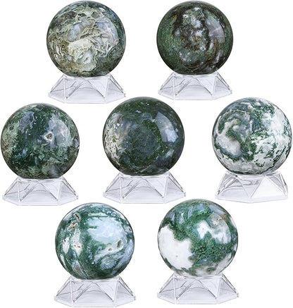 Natural Moss Agate Crystal Ball with Acrylic Display Base, 71-80mm Polished Stone Feng Shui Crystal Sphere Meditation Decoration for Home & Office