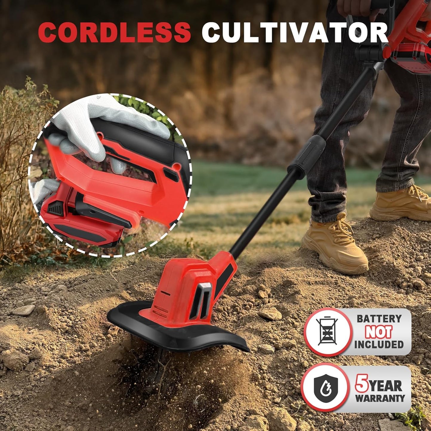 MaxMore Cordless Tiller Cultivator Compatible with Milwaukee 18V Battery (Tool Only), Electric Garden Rototiller with 48 Steel Tines, 270RPM, 8.7" Tilling Width, 6.3" Depth for Gardening, Soil Turning