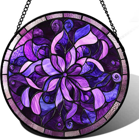 Stained Glass Window Hanging - Purple Abstract Flower Suncatcher for Door Garden Patio Sun Catchers