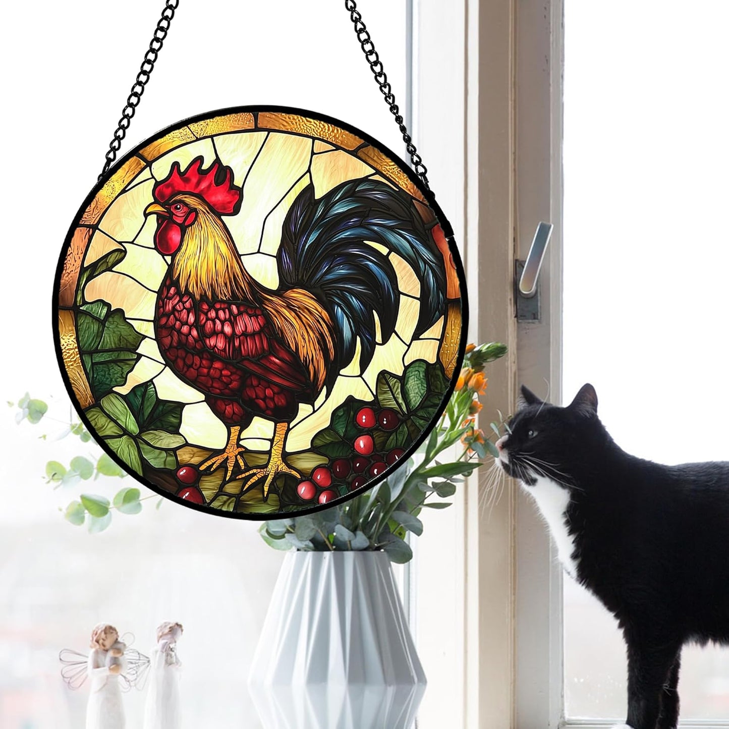 Stained Glass Window Hanging, Colorful Big Cock Sun Catcher for Window Door Home Decor, Chicken Suncatcher Christmas Mother's Day Birthday Gifts for Women Men Mom and Nana 11.8 in