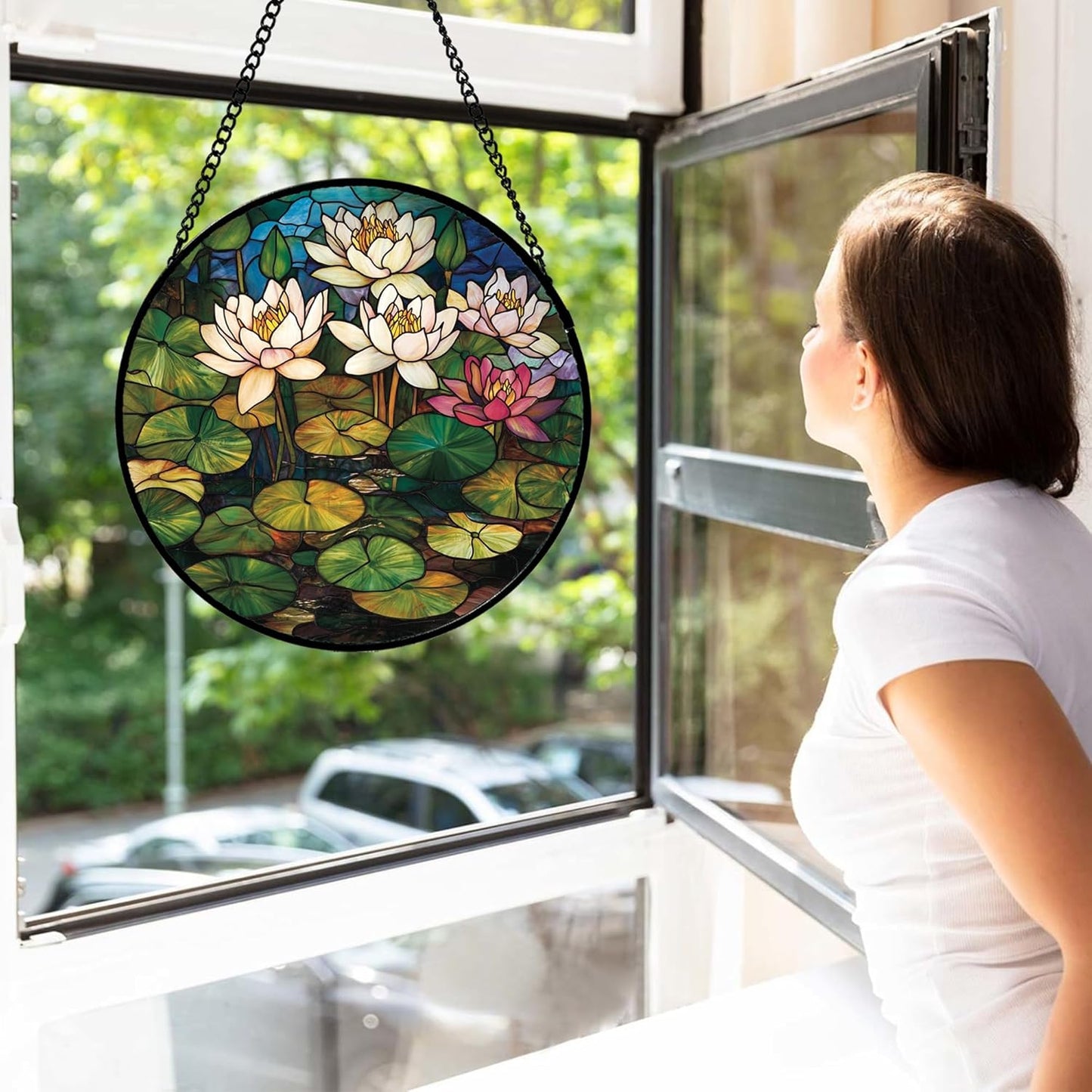 Stained Glass Window Hanging - Water Lily Birth Flower Suncatcher for Door Garden Retro Floral Sun Catchers Decor Christmas Mother's Day Birthday Gifts for Women Mom Nana Friend Wife 7.8 in