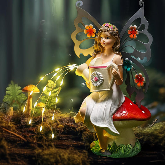 9. 8'' H Fairies Garden Figurines Garden Accessories Butterfly Wing Fairy Figurine Mushroom Decor Solar Luminous Watering Can Resin Statue for Outdoor Indoor Patio Yard Home Decorations