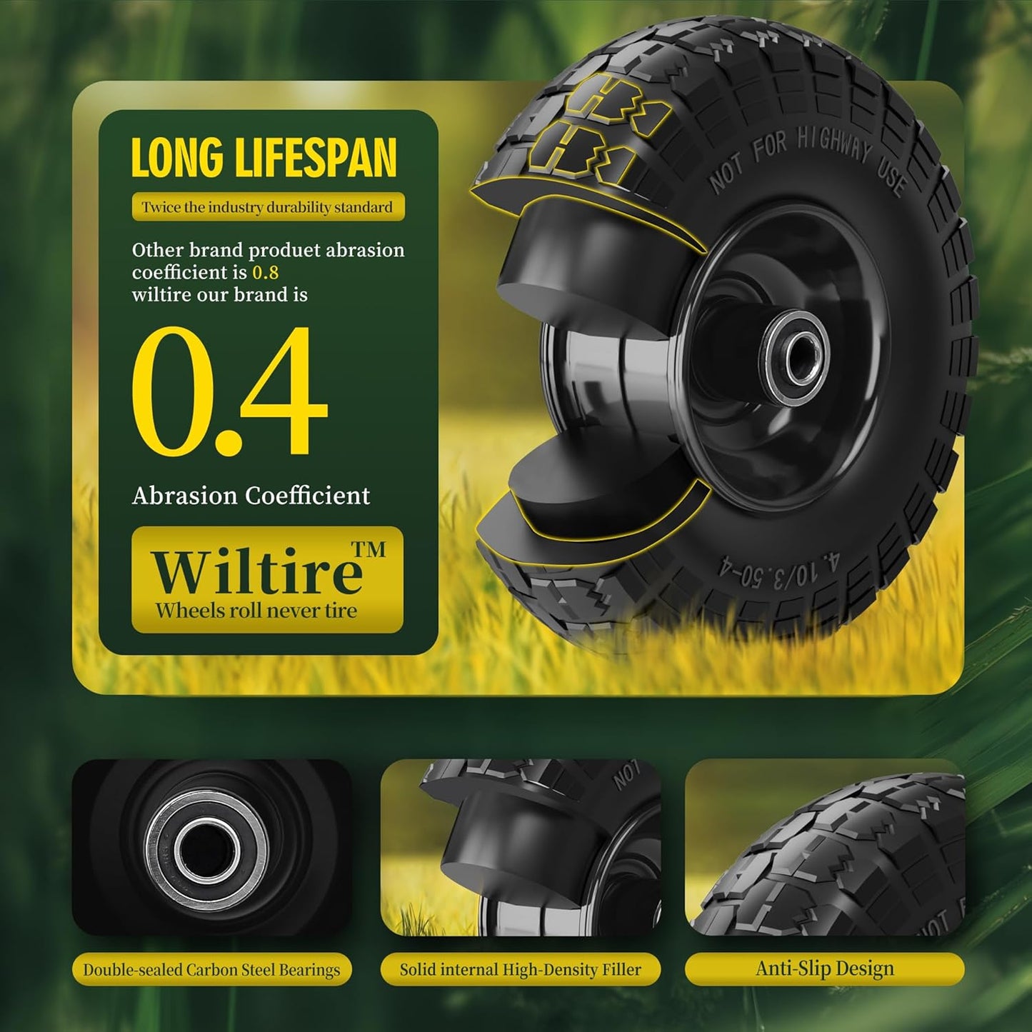 (2 Pack) 4.10/3.50-4 Flat Free Tire and Wheel 10-Inch Solid Wheel Replacement with 5/8 Bearings,2.2" Offset Hub -Compatible with Hand Truck,Wheelbarrow(Black)