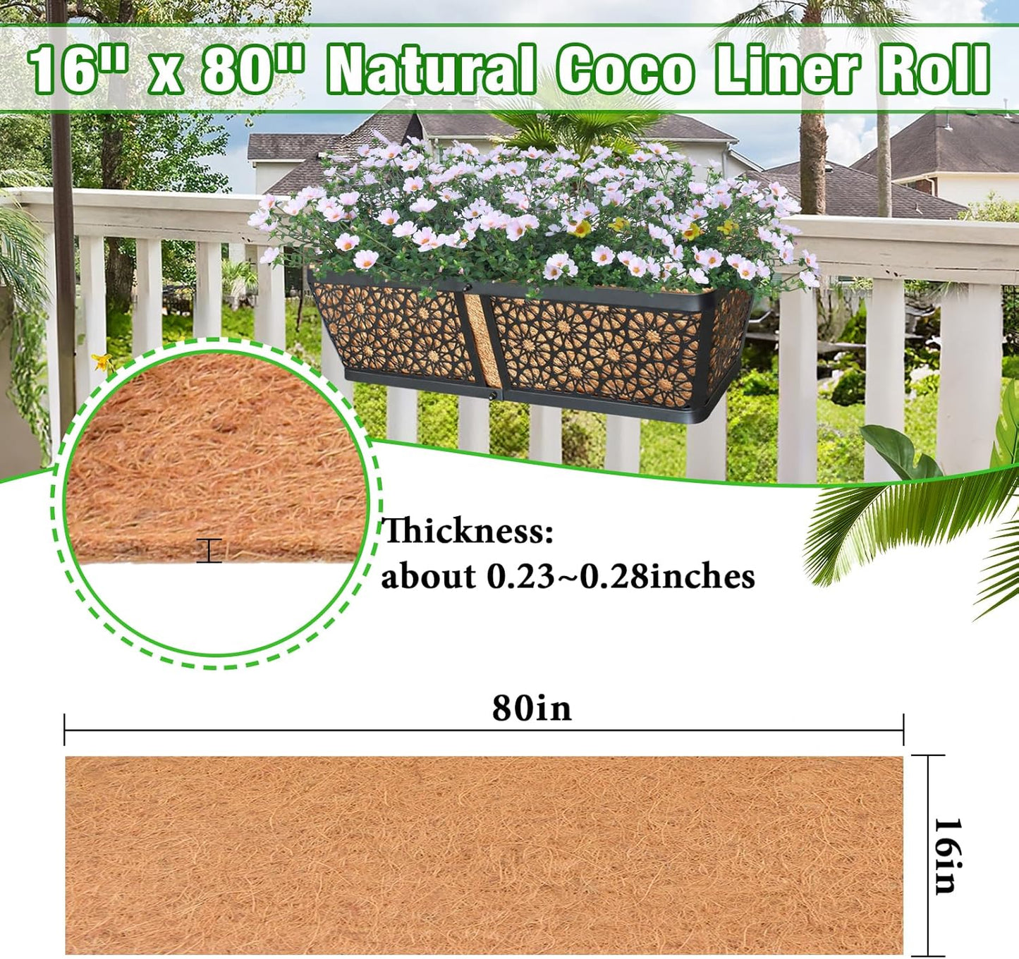 ZeeDix 16 x 80 inches Thickened Coco Liner Roll for Planters- Natural Coconut Flower Basket Liners Coco Coir Mat for Plants Flowers Vegetables Reptiles Carpet