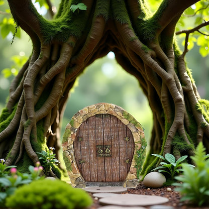 Brown Mini Fairy Garden Door for Tree, 3D Miniature Fairy Door, Bonsai Terrarium Micro Landscape Decoration Accessories, Garden Miniatures