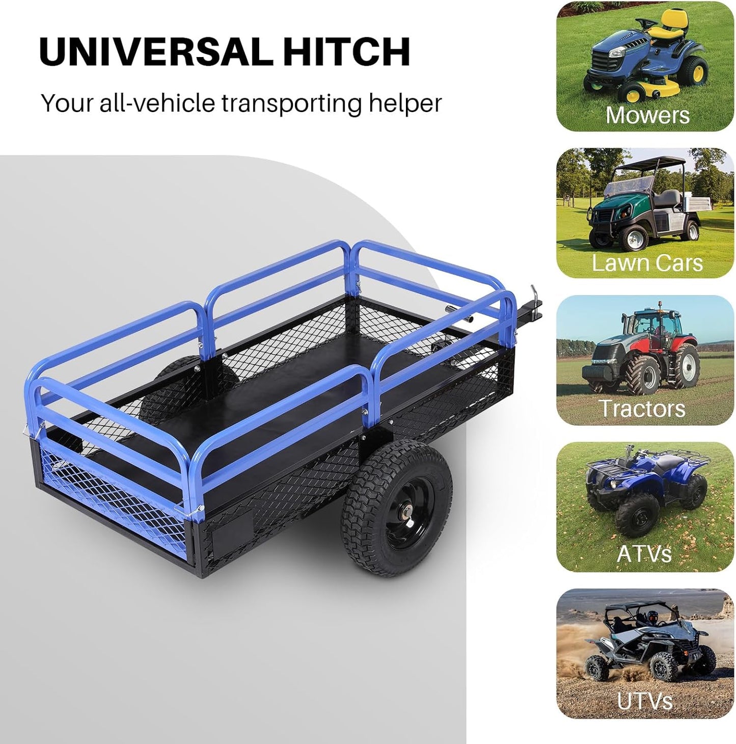 Heavy Duty Steel ATV Dump Trailer, 1500-Pound Load Capacity, Tow Behind Dump Cart Garden Trailer, with Removable Sides and 2 Tires, for Mowers, Tractors, ATV, UTV