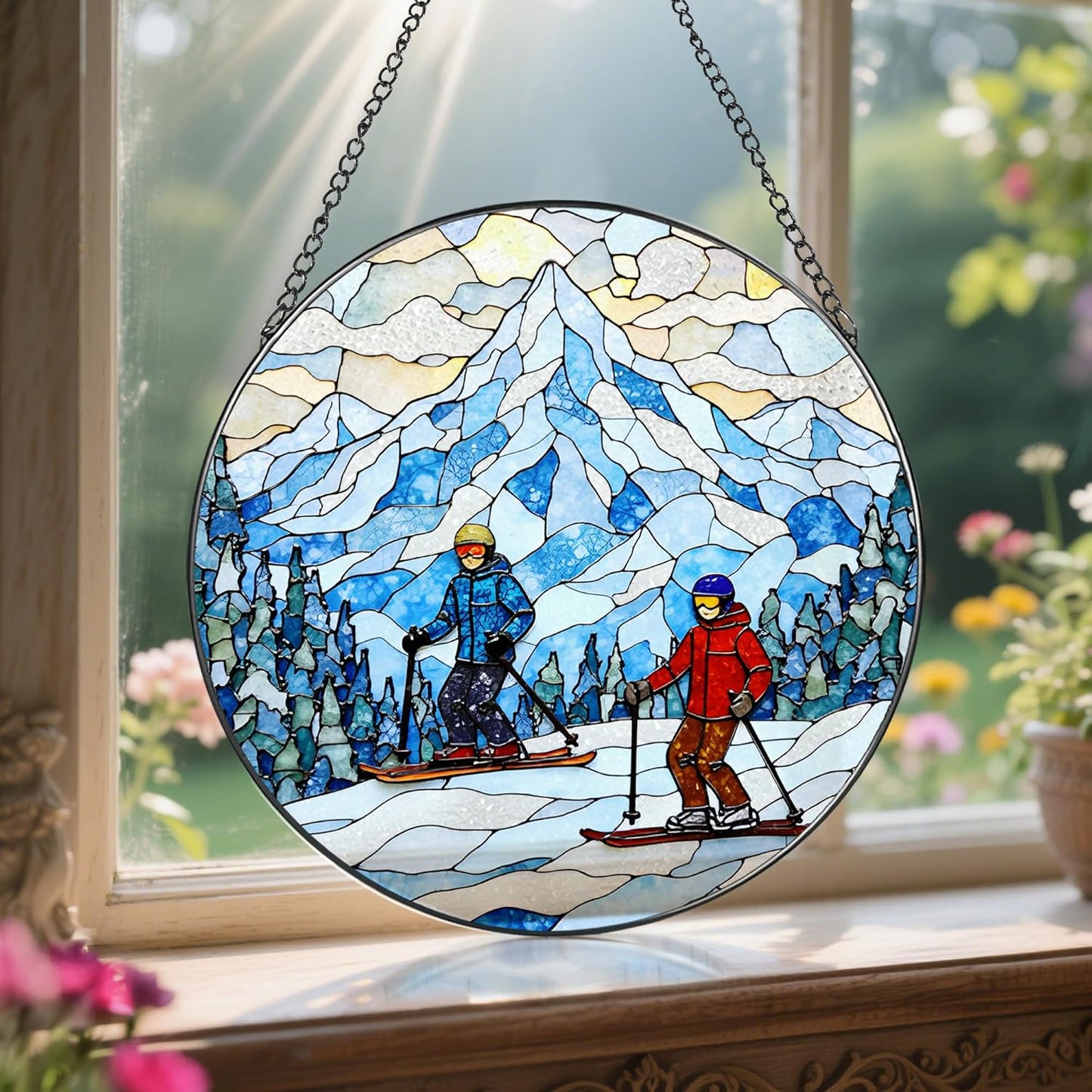 8'' Snowy Mountain Skiers Sun Catcher Ornament, Stained Glass Window Hanging, Sun Catchers for Windows Hanging Ornaments, Window Decor | Ideal Gift, Gift Exchange, Gifts for Skiers
