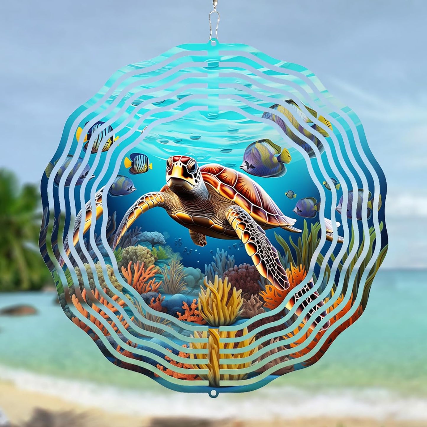 3D Sea Turtle Wind Spinner 10 Inch Ocean Theme Metal Art Stainless Steel Kinetic Art Hanging Spinner for Indoor and Outdoor Garden Decoration