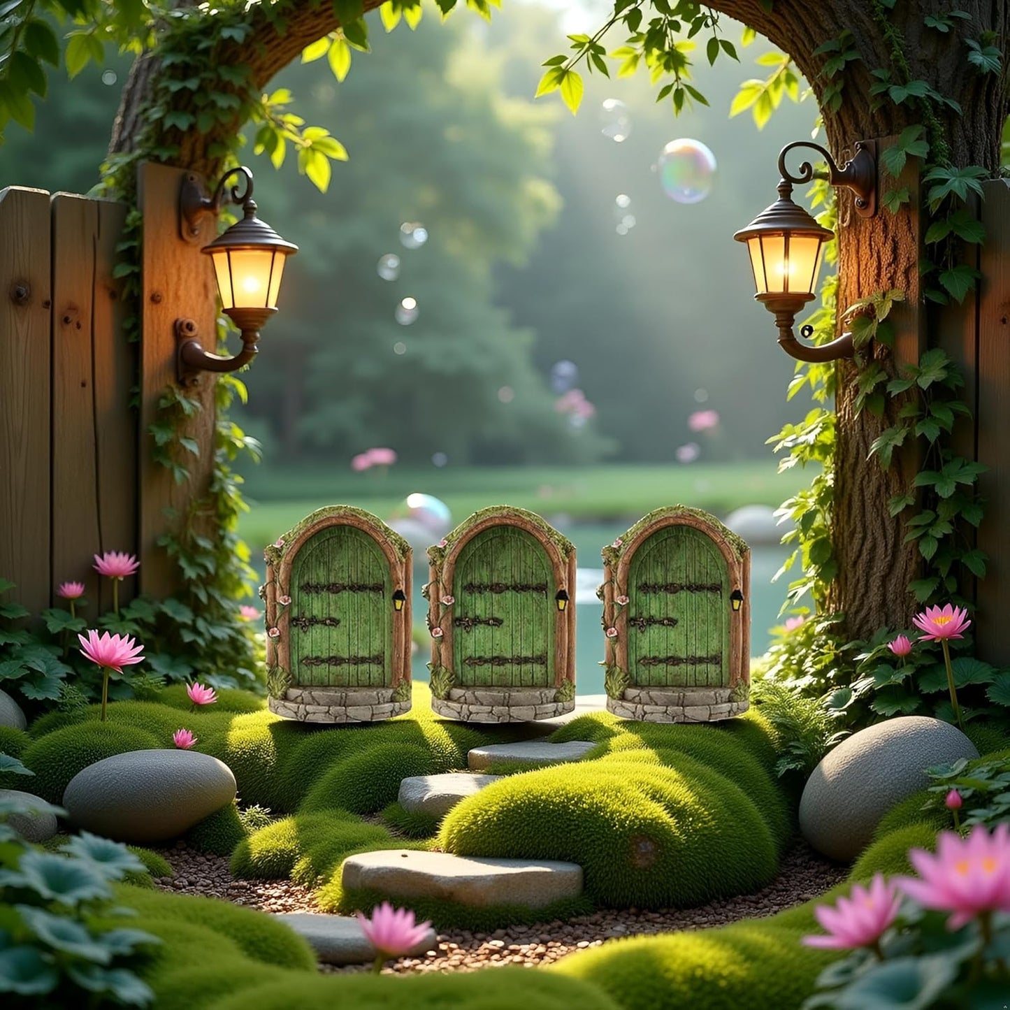 JJLFresheners 3Pcs Green Fairy Door Wooden Miniature Fairy Garden Doors Outdoor Mini Gnome House Accessories for Tree Trunk Ornaments Miniatures, Garden Sculptures and Statues, Fairy Door