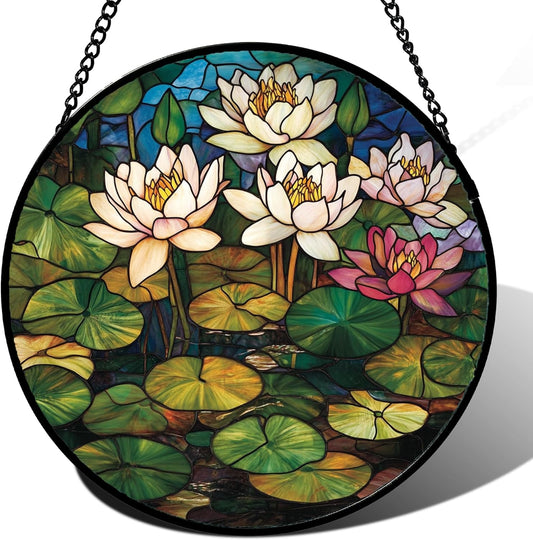 Stained Glass Window Hanging - Water Lily Birth Flower Suncatcher for Door Garden Retro Floral Sun