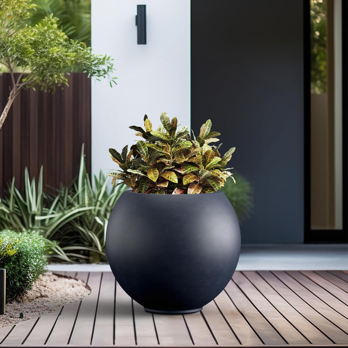 Kante Round Concrete Flower Pot, 19.3 Inch Dia (14" Opening) Sphere Shape Design Planter with Drainage Hole and Rubber Plug for Indoor & Outdoor Plants, Charcoal Finish with Forest Green Interior