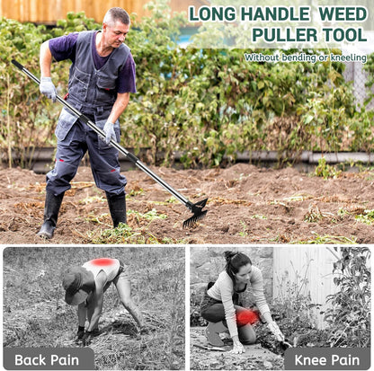 Weed Puller Tool with Long Handle, 11 Tooth Weed Remover Tool, 2 in 1 Weed Rake and Garden Hoe for Weeding, Weeder Tool with Detachable Handle, Uprooting Weeding Tool for Yard, Lawn, Patio,Garden