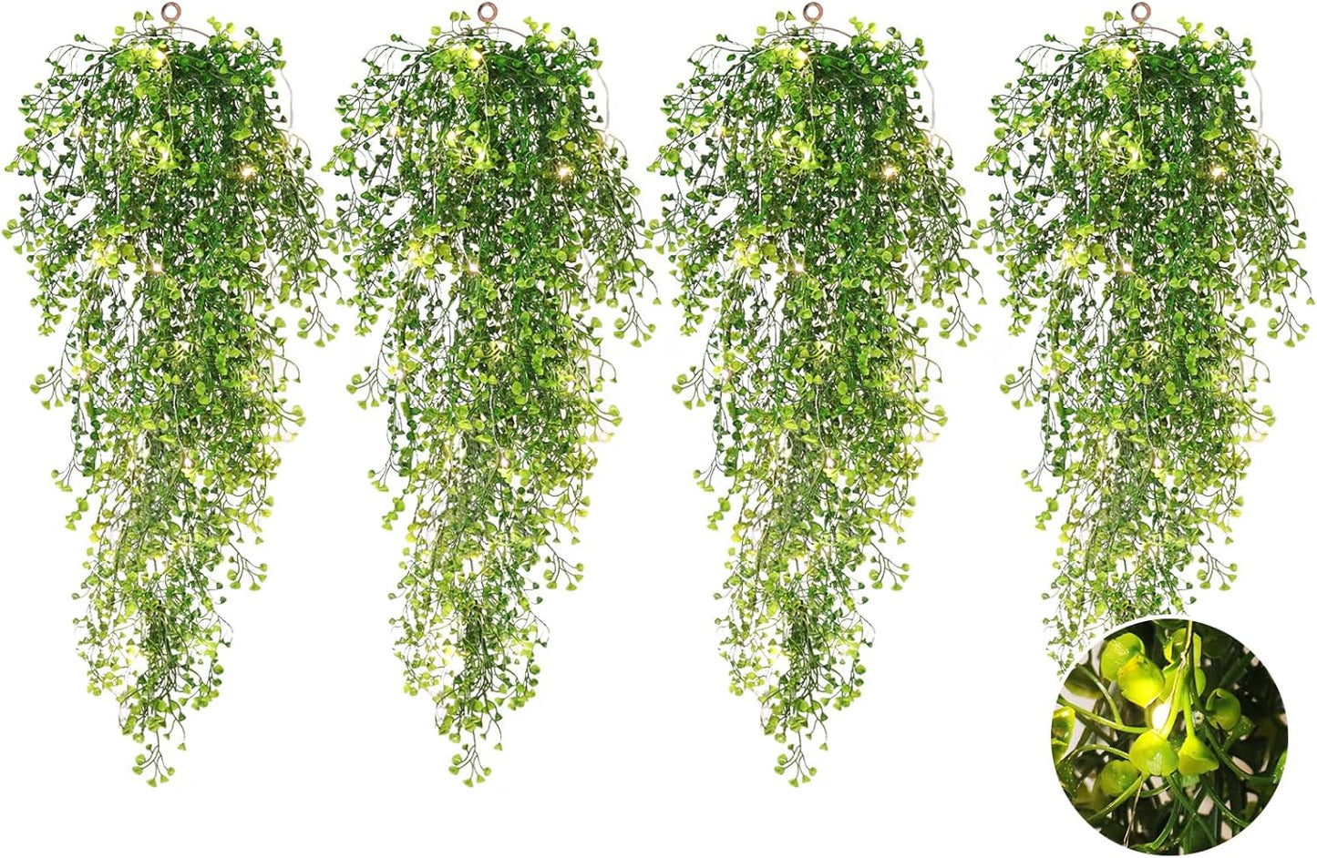 RECUTMS Pack of 4 Ferns Artificial Plants Large Artificial Hanging Plants Faux Ivy Vine Fake Greenery Wall Plants with LED Lights for Room Garden Patio Porch Bathroom Kitchen Decor (Green)