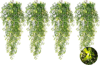 RECUTMS Pack of 4 Ferns Artificial Plants Large Artificial Hanging Plants Faux Ivy Vine Fake Greenery Wall Plants with LED Lights for Room Garden Patio Porch Bathroom Kitchen Decor (Green)