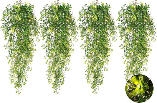 RECUTMS Pack of 4 Ferns Artificial Plants Large Artificial Hanging Plants Faux Ivy Vine Fake Greenery Wall Plants with LED Lights for Room Garden Patio Porch Bathroom Kitchen Decor (Green)