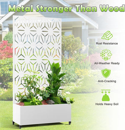 15.7"×70.9"×35.4" Metal Raised Garden Bed with Trellis and Wheels - Tall Trellis Planter Box for Climbing Plants, Vegetables & Vines - Outdoor Privacy Planters for Patio (White-Star)