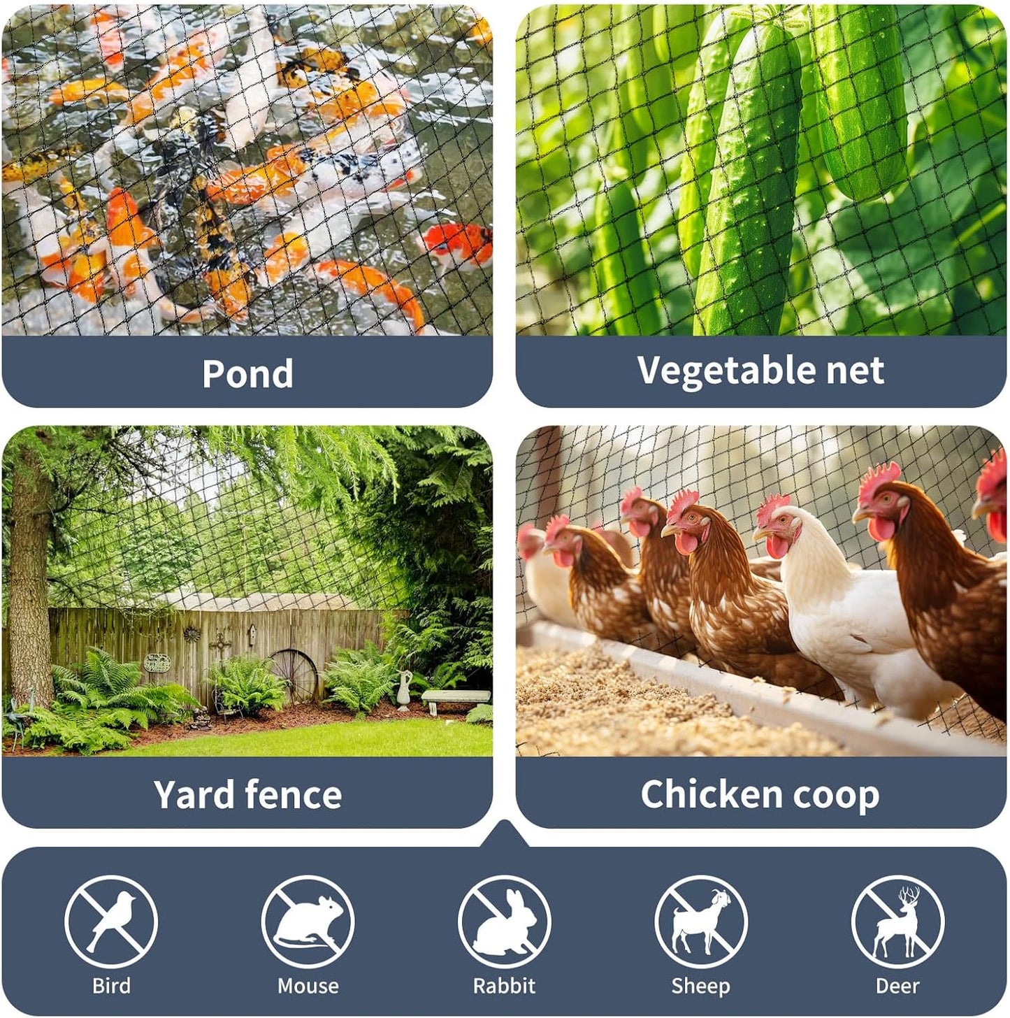 Garden Netting, 15ft x 30ft Black Bird Netting Heavy Duty,Rabbit,Large Bees,Squirrels, Deer,Chicken, Anti Birds, Cardinals，Animal Fencing for Fruit Tree & Vegetable Garden
