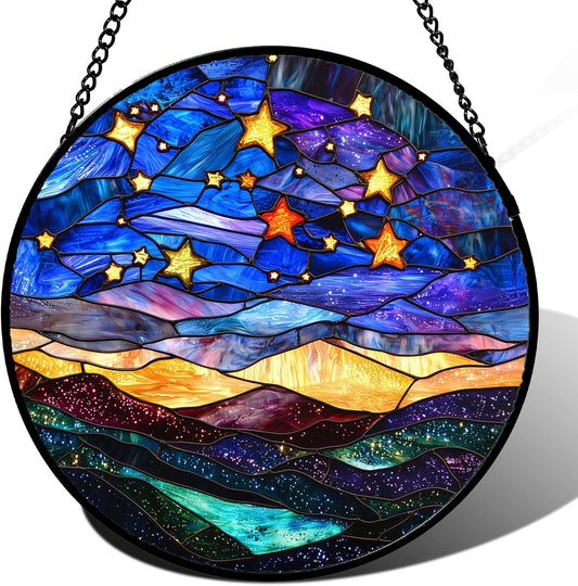 Stained Glass Window Hanging, Blue Sky Gold Stars Abstract Landscape Suncatcher for Doors Window