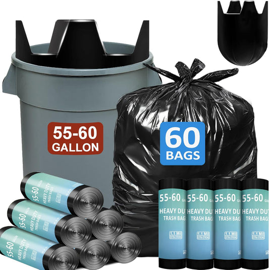 55-60 Gallon Trash Bags Heavy Duty 60 Count Bulk with 4 Innovative Flap Ties | Compatible with