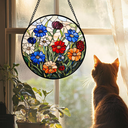Stained Glass Suncatcher, Colorful Flowers Green Leaf Sun Catcher Landscape Stain Glass Window Hanging Decoration Mother's Day Birthday Gifts for Women Men Mom Nana 7.8 in