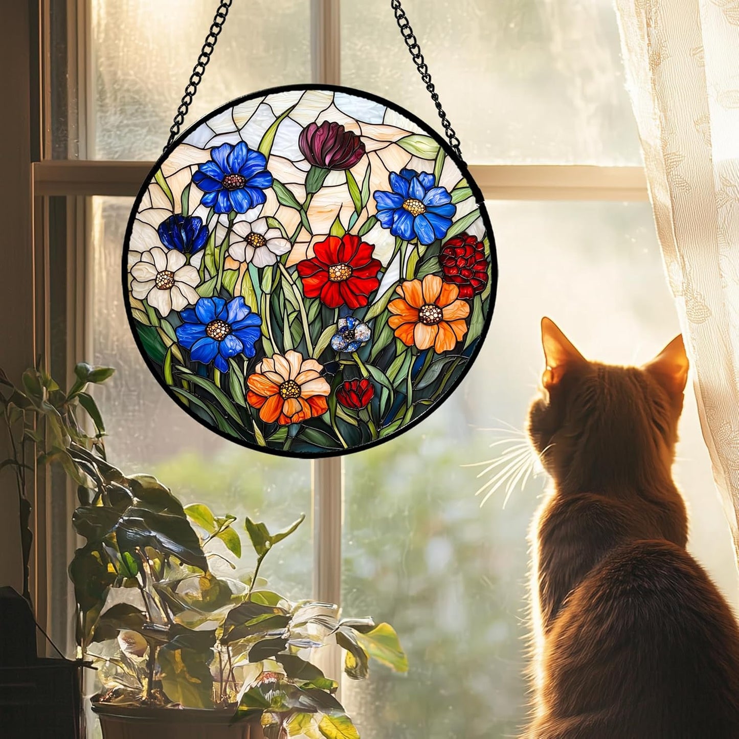 Stained Glass Suncatcher, Colorful Flowers Green Leaf Sun Catcher Landscape Stain Glass Window Hanging Decoration Mother's Day Birthday Gifts for Women Men Mom Nana 11.8 in