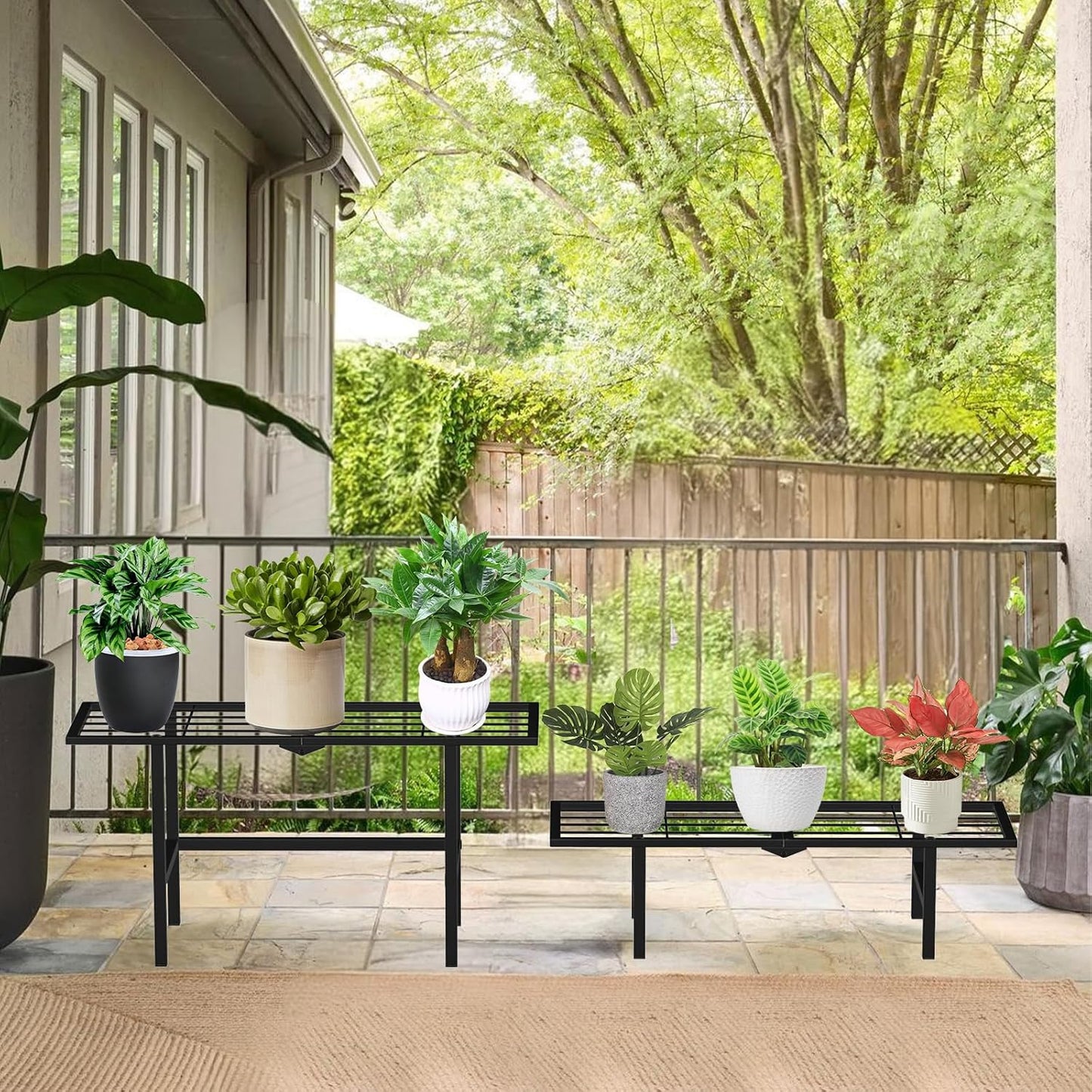 2 Tier Stackable Plant Stand Indoor Outdoor, Freestanding Tiered Folding Heavy Duty Metal Ladder Plant Shelf, Multiple Plant Pot Holder Display Rack for Living Room Garden Balcony Patio, Black