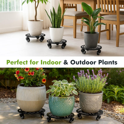 3 Packs Metal Plant Caddy with 3 Metal PU Wheels 12” Heavy-duty Wrought Iron Rolling Plant Stands with Casters Indoor and Outdoor Plant Pot Roller Base Plant Dolly Coaster Movers Black