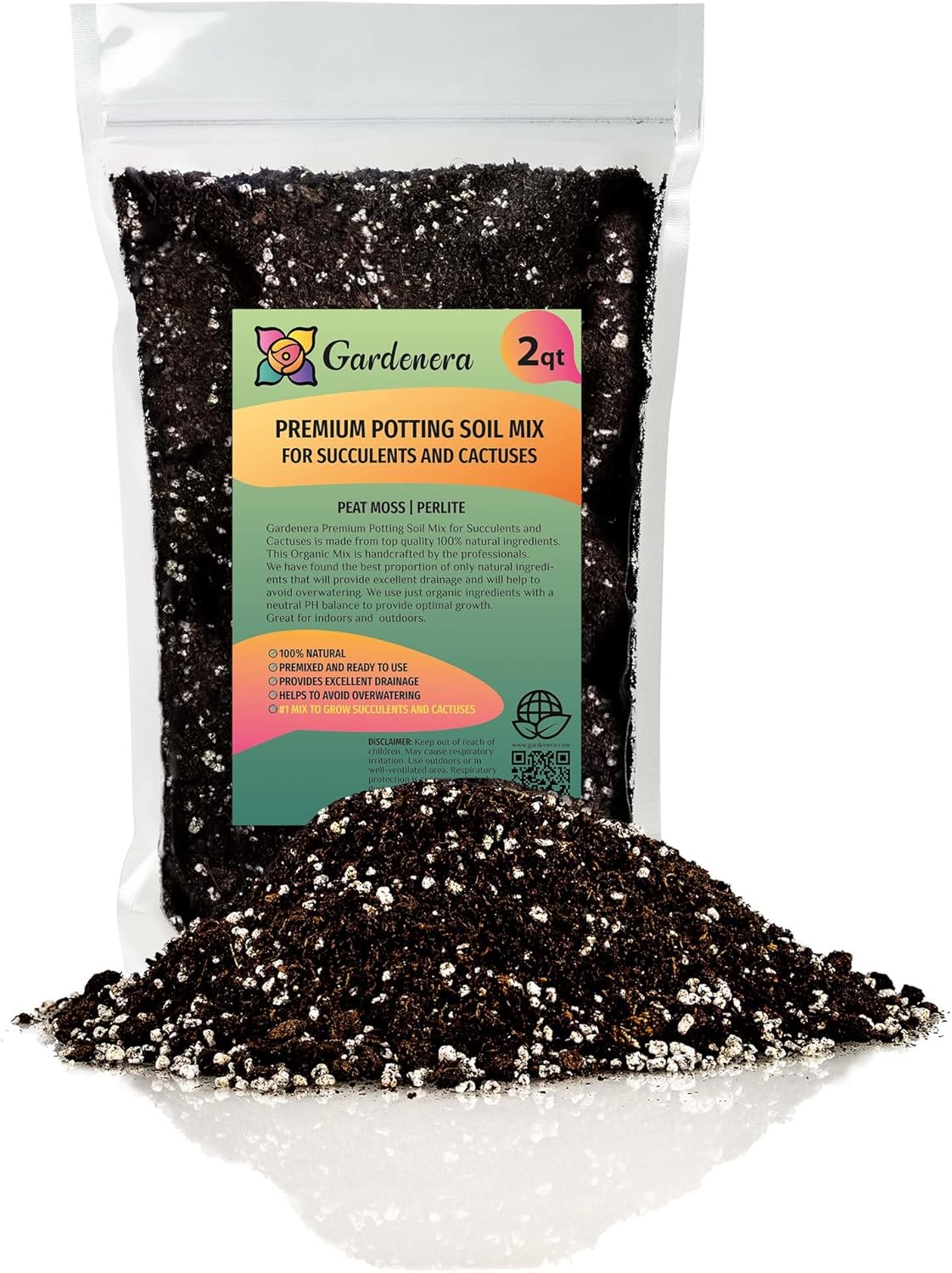 Gardenera Premium Organic Potting Soil, Succulent & Cactus Soil Mix, Fast Draining Pre-Mixed Blend - Horticultural Perlite (25%) + Peat Moss (75%) - Made in USA - 2 Quart