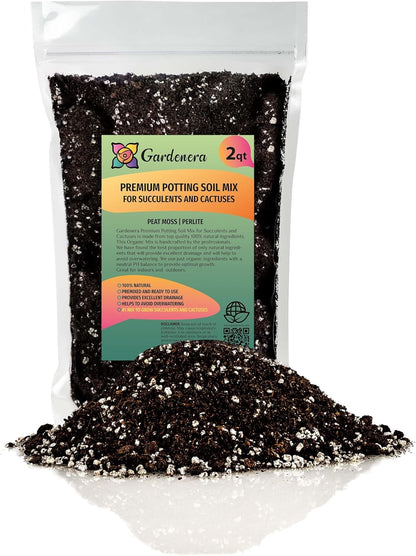 Gardenera Premium Organic Potting Soil, Succulent & Cactus Soil Mix, Fast Draining Pre-Mixed Blend - Horticultural Perlite (25%) + Peat Moss (75%) - Made in USA - 2 Quart