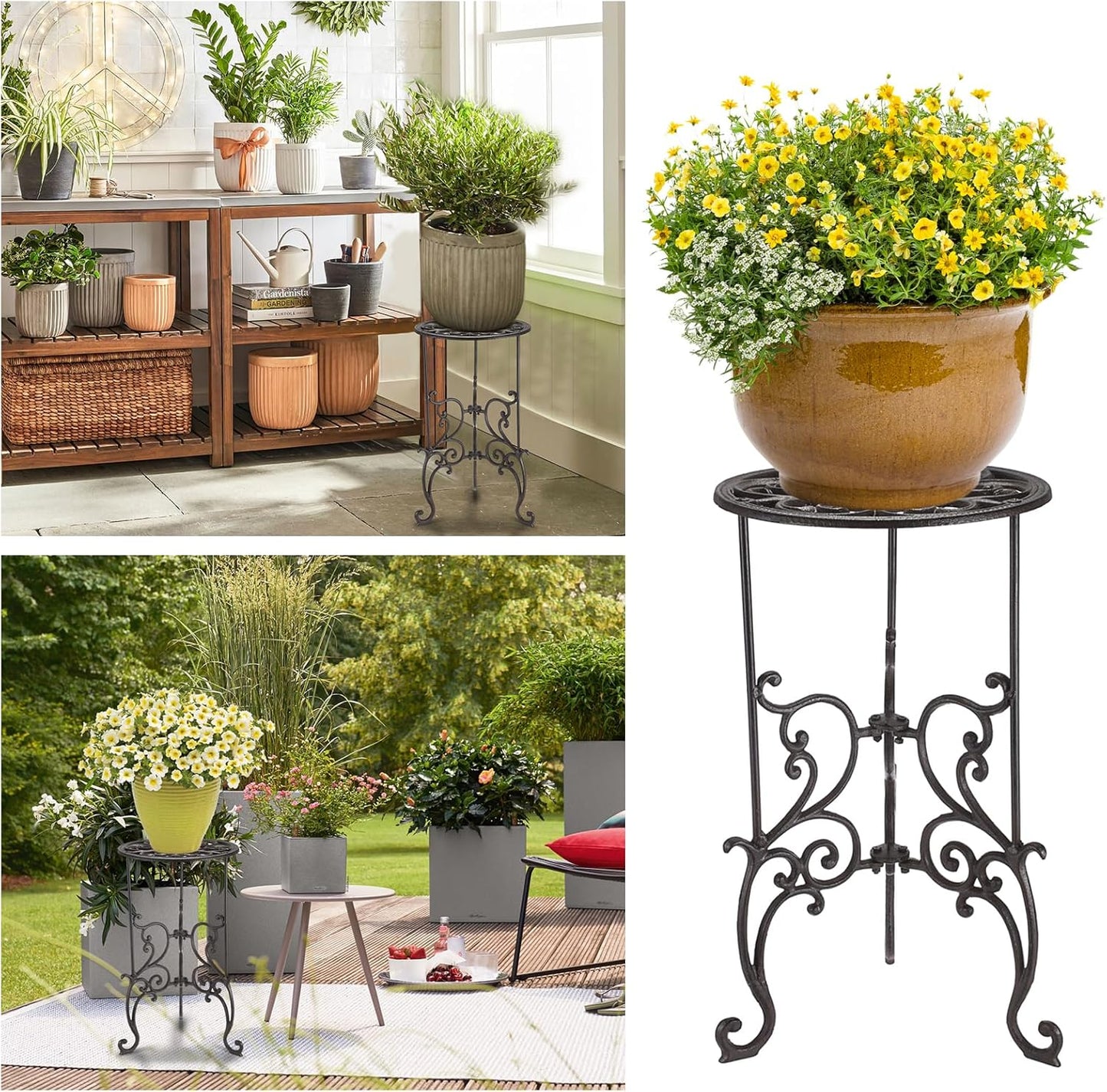 OwnMy Heavy Duty Cast Iron Plant Stand Indoor Outdoor Vintage Wrought Iron Round Flower Pot Holder Stand, 19.3" Tall Decorative Large Potted Plant Stand for Home Garden Patio, Retro-Brown