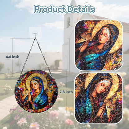 Suncatcher Stained Glass Window Hanging - Mother Mary Glass Panel with Metal Chain and Hooks Handmade Sun Catcher Decoration for Window Garden Home Christmas & Birthday Gifts (8 Inch)