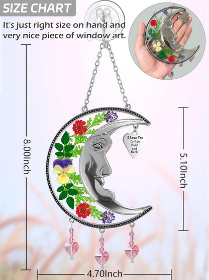 KY&BOSAM Moon Suncatcher Mom Gifts Stained Glass for Windows Hangings Wind Chime Decor with Pressed Real Flower and Metal I Love You to The Moon and Back Heart Charm for Home Christmas Trees Patio