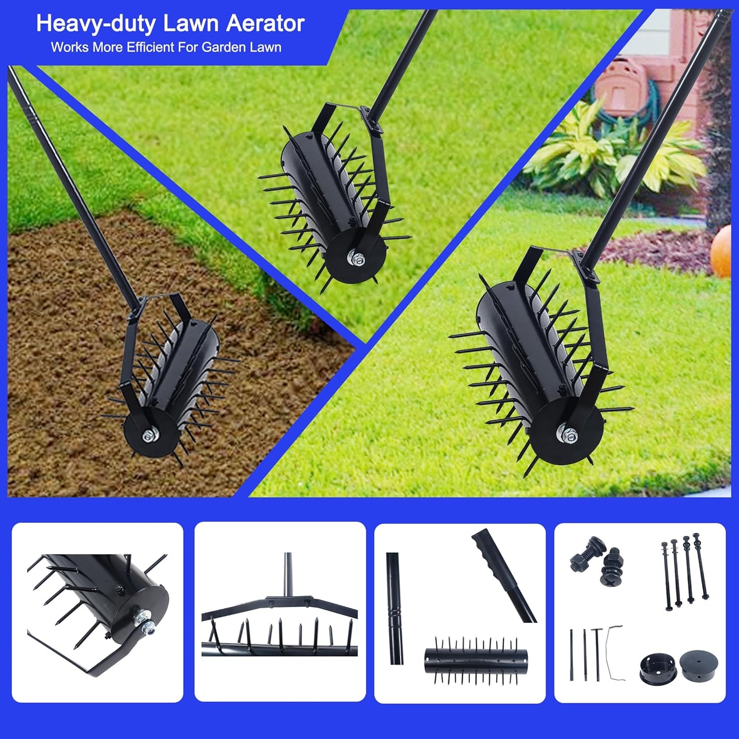 Rolling Manual Lawn Aerator, 58-Inch Handle Push Spike Aerator for Lawns, Yards, and Gardens, Easy Assembly, Reduces Soil Compaction, Enhances Water Absorption Manual Aerator Tool Black