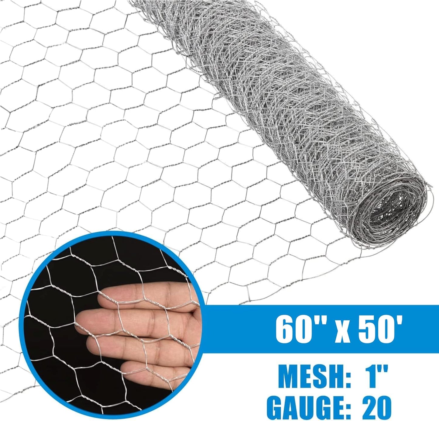 Fencer Wire 20 Gauge Chicken Wire Fence, Galvanized Poultry Hexagonal Netting Crafting, Chicken Coops & Rabbit Rodent Cage, 1-Inch Hex Grid (5 ft. x 50 ft.)
