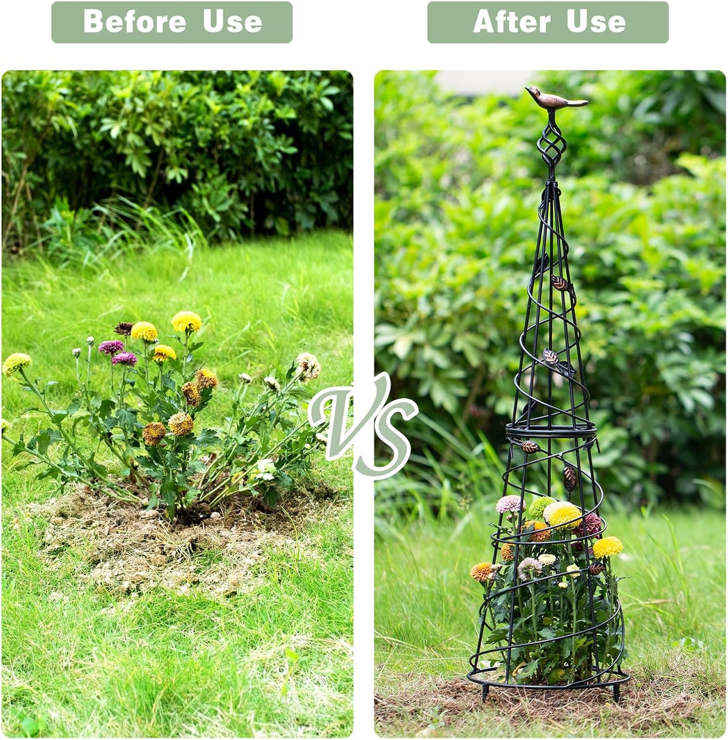 Garden Obelisk 40.5 Inch Metal Trellis for Climbing Plants - Sturdy Support for Rose Bushes & Tall Vines, Featuring Decorative Bird and Leaf Elements, Perfect for Garden Decor