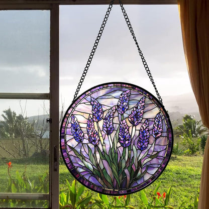Stained Glass Window Hanging - Purple Flowers Suncatcher for Door Terrace Garden Home Decor Lavender Plant Floral Sun Catcher Birthday Gifts for Lovers Women Men Dad Mom Nana 9.8 in
