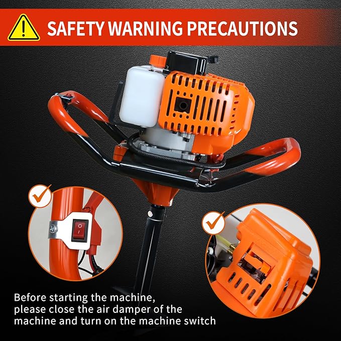 62cc Post Hole Digger 2-Stroke Petrol Gas Powered Earth Digger with 3 Auger Bits (3" 5" 8") + 3 Extension Bar (24" 24" 24") for Farm Garden Plant Fence and Planting