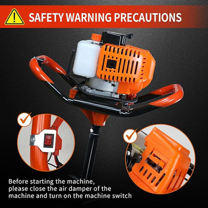 62cc Post Hole Digger 2-Stroke Petrol Gas Powered Earth Digger with 3 Auger Bits (3" 5" 8") + 3 Extension Bar (24" 24" 24") for Farm Garden Plant Fence and Planting