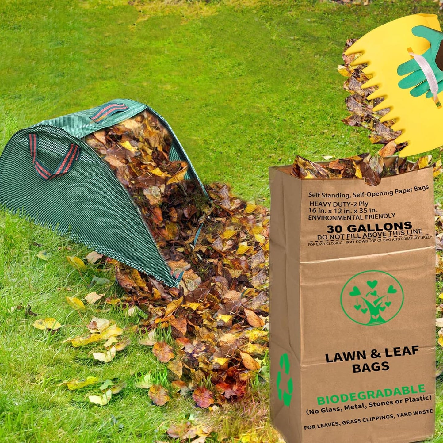 30 Gallon Heavy Duty Brown Paper Lawn and Leaf Bags with 22 GAL Dustpan-Type Bag and Leaf Scoops| 2-Ply Large Kraft Paper Bags (10 Count) | Tear Resistant Yard Waste Bag for Home and Garden