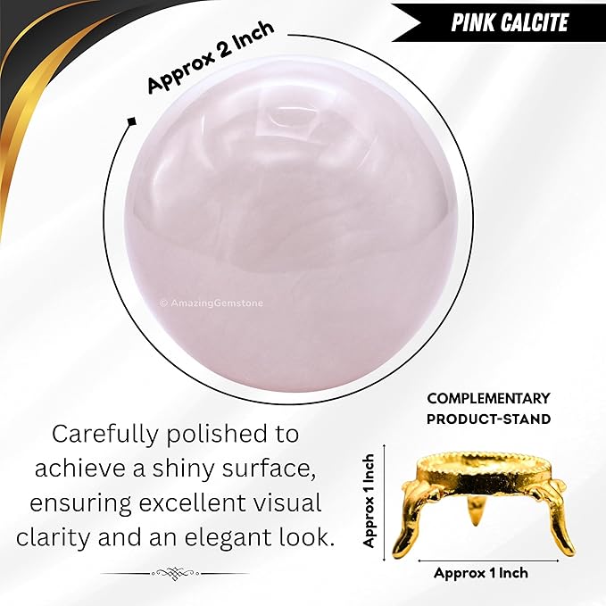 Amazing Gemstone Pink Calcite Crystal Ball with Stand - 2 Inches Crystal Sphere Meditation Balls for Witchcraft and Decorative Balls