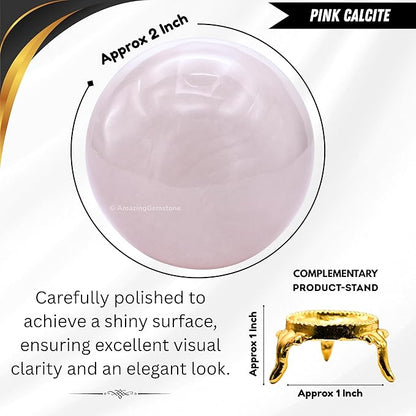 Amazing Gemstone Pink Calcite Crystal Ball with Stand - 2 Inches Crystal Sphere Meditation Balls for Witchcraft and Decorative Balls