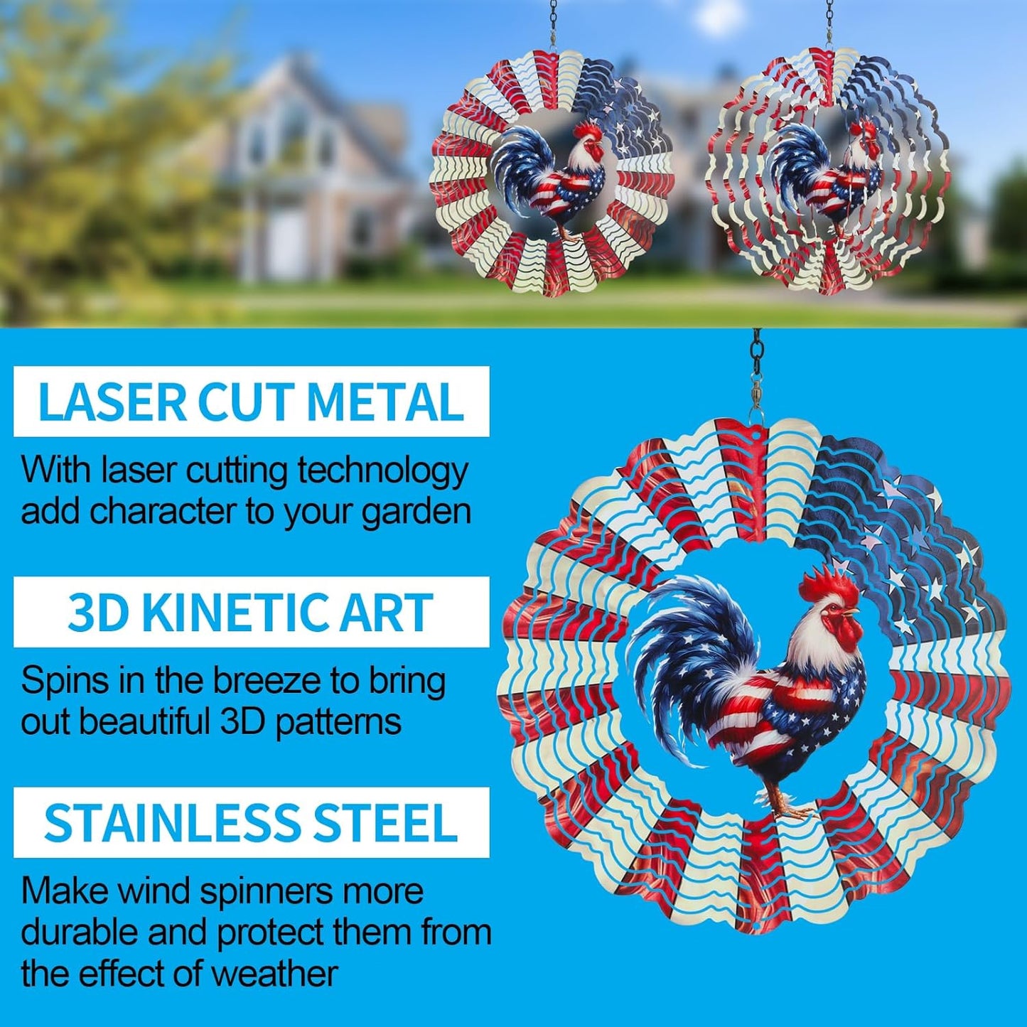 Rooster Metal Wind Spinners for Outdoor,Birthday Gifts for Women Mom Grandma, 12 Inch Garden Decor American Flag Wind Spinner Bird Devices Deterrent to Scare Birds Away from Yard Patio Farm(Chicken)