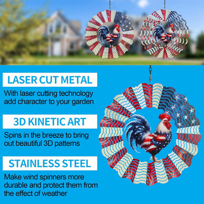 Rooster Metal Wind Spinners for Outdoor,Birthday Gifts for Women Mom Grandma, 12 Inch Garden Decor American Flag Wind Spinner Bird Devices Deterrent to Scare Birds Away from Yard Patio Farm(Chicken)