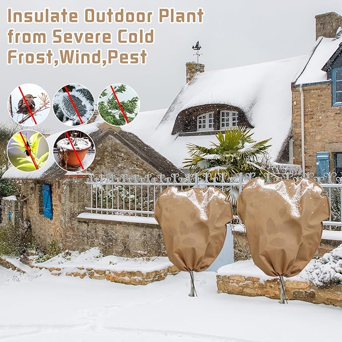 4 Pcs Plant Covers Freeze Protection Reusable Plant Protector with Zipper and Drawstring, Winter Bush Covers Freeze Protection from Cold Sun Frost Wind(Brown)