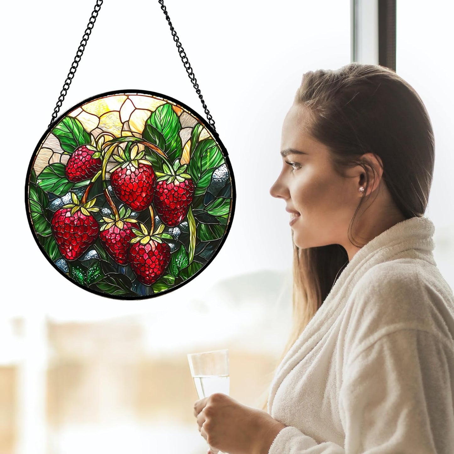 Stained Glass Suncatcher, Red Strawberry Green Leaf Sun Catcher Silver Background Stain Glass Window Hanging Decoration Mother's Day Birthday Gifts for Women Men Mom Nana 6.3 in